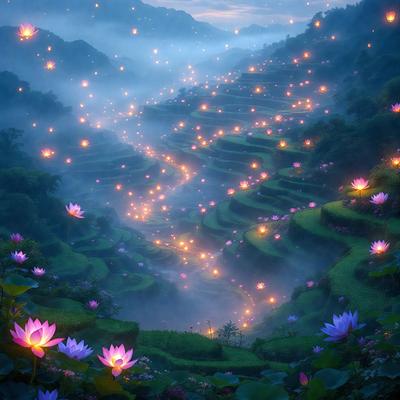 The primary subject of the image is a beautifully lit mountain trail with a stunning view of the surrounding landscape. The trail is illuminated by a series of lights, creating a captivating atmosphere. The setting is a lush, green hillside with a variety of flowers, including lilies, adding to the serene and picturesque scene. The visual style of the image is a combination of photo and digital art, creating a unique and eye-catching representation of the mountain trail at night. The colors and mood of the image are predominantly warm and inviting, with the lights and flowers creating a sense of tranquility and wonder.